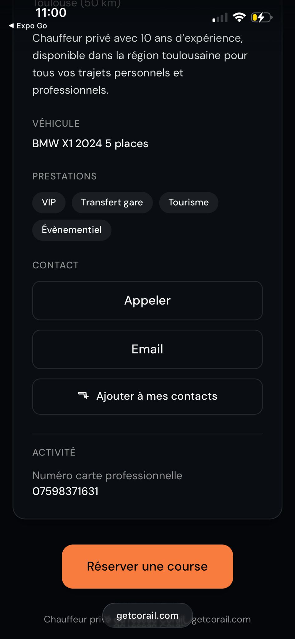 Exemple de page pro Corail — profil chauffeur